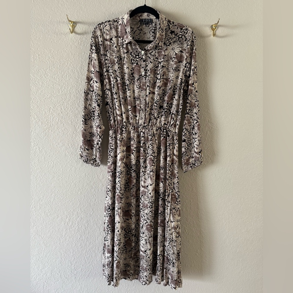 NWOT POL Neutral Floral Blouse Top Midi Shirt Dress Size M Black Beige